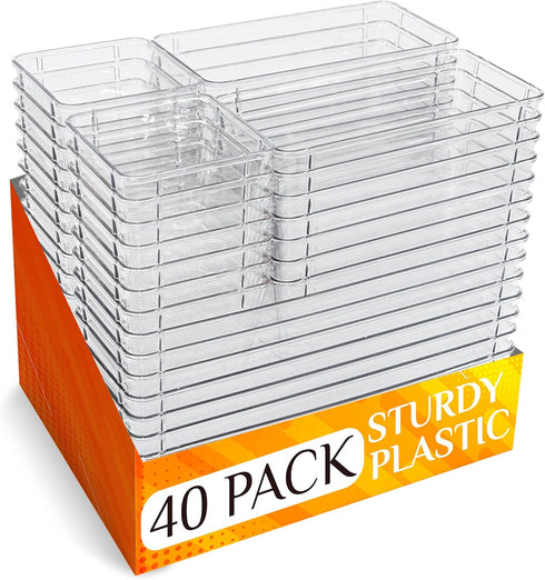 Beezort 40 PCS Clear Drawer Organizer Set, BPA-Free PET Plastic Trays with Non-Slip