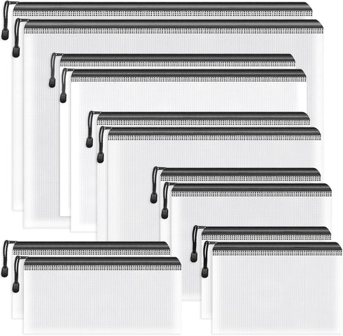 Umriox Zipper Bags, 12 Packs Assorted Sizes, Mesh Pouch for Office Supplies, Travel Accessories, Black