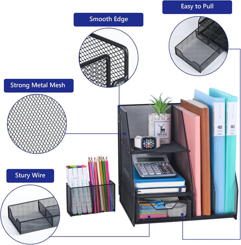 Desk Organizer with 2-Tier Paper Letter Tray, Drawer, and 2 Pen Holder for Office Supplies