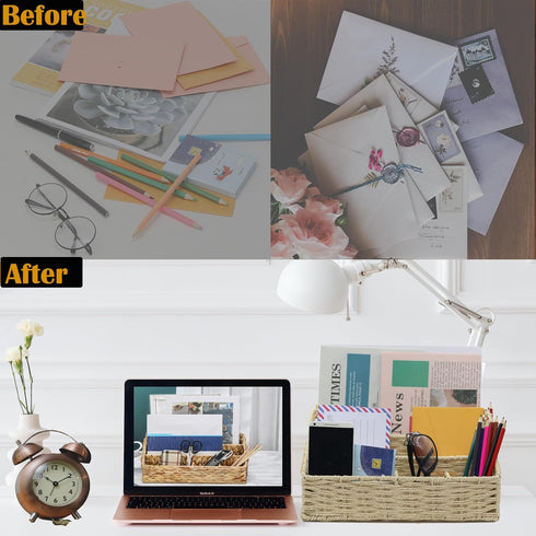 Rattan Mail Organizer for Countertop, Desk, and Bills - Woven Basket, Magazine Holder, and Accessories - Beige