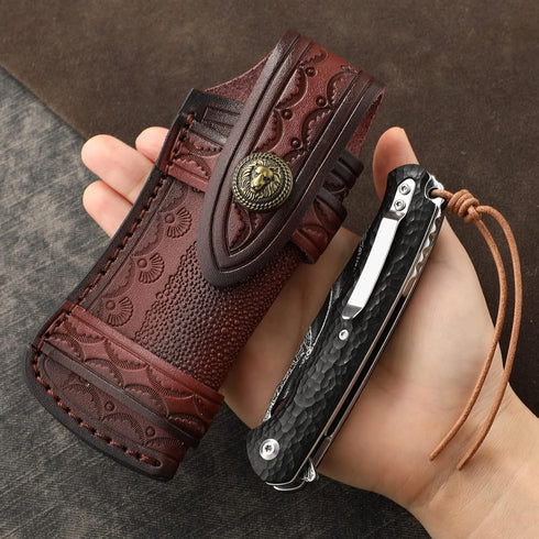 Omesio Pocket Knife Sheath Big (L) - 5.28" Leather Knife Sheath for Belt, Horizontal Carry, Brown Leather for Folding