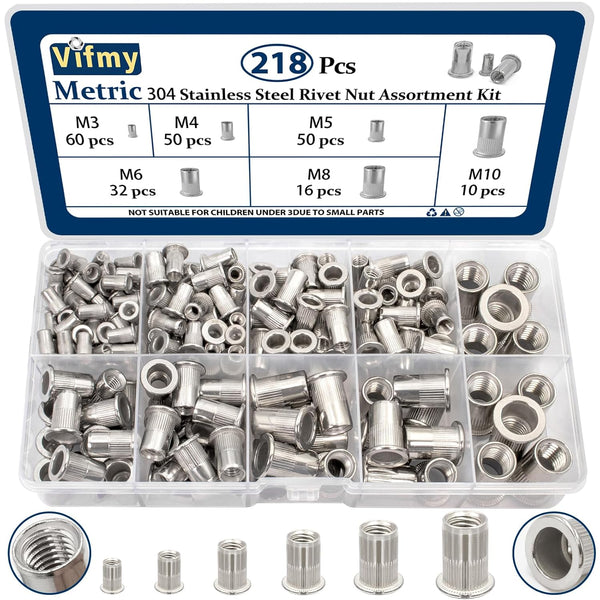 Vifmy Metric 304 Stainless Steel Rivet Nut Assortment Kit(218 Pcs),M3 M4 M5 M6