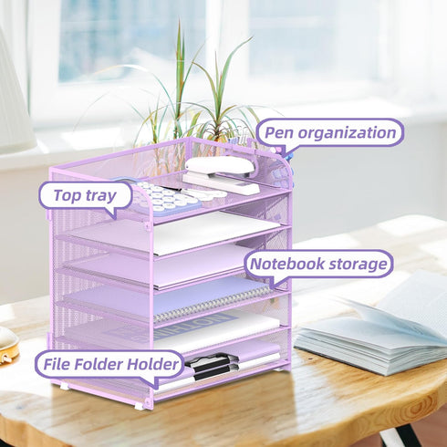 SUPEASY 6 Tier Paper Organizer with 4 Pen Holders, Mesh Desk Organizer for A4 File Folder, Purple