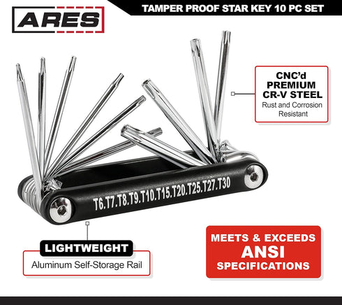 ARES 44000 10-Piece Tamper-Proof Folding Star Key Set, Corrosion-Resistant CR-V Steel, Sizes T-6 to T-30