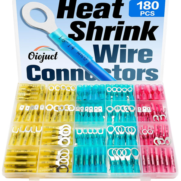 180Pcs Heat Shrink Wire Connectors Kit - Waterproof Marine Automotive Battery Electrical Crimp Terminals Set