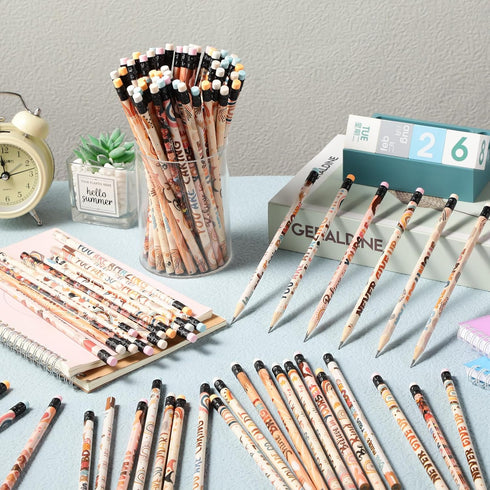 Gerrii 100 Pcs Inspirational Pencils Bulk, Motivational Boho Rainbow Pencils with Eraser for Kids