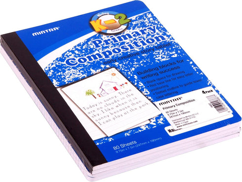 Mintra Office Composition Notebooks, Primary Ruled, 4 Pack, Blue Cover, 80 Sheets, 7.5in x 9.75in, For School, Home,