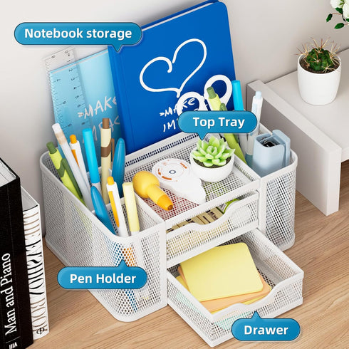 Marbrasse Mesh Desk Organizer - Pen Holder with 2 Drawers, Multi-Functional for Office Art Supplies