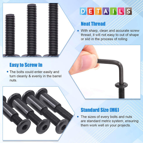 Glarks 141Pcs M6x16/ 20/25/ 30/35/ 40/45/ 50/55/ 60/65/ 70/75/ 80mm Countsunk Black Hex Drive Socket Cap Bolts Kit