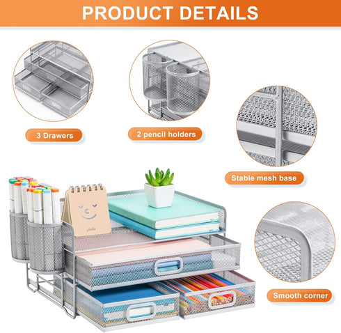 Marbrasse 3 Tier Mesh Desk Organizer with Drawer, Multi-Functional Paper Letter Organizer and Accessories for Home