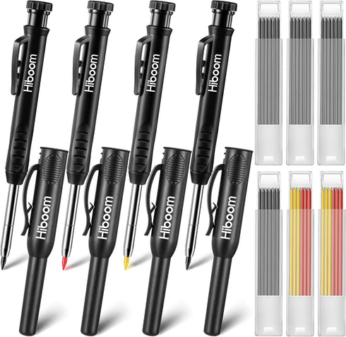 Hiboom 4 Pack Carpenter Pencils Set with 24 Refills, 2.8 mm Mechanical Pencil for Woodworking Marking Tool