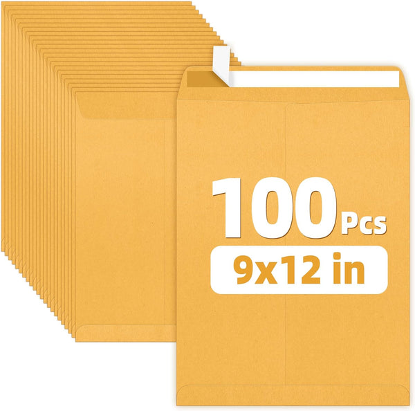SUNEE 9x12 Envelopes, Self-Seal Catalog Mailing, 100 Count, Ultra Strong Quick-Seal, Brown Kraft