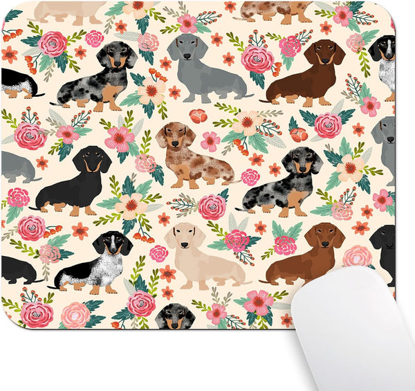 Dachshund Sausage Dogs Puppies Pink Flowers Print Art Gaming Mouse Pad, Cute Colored Floral Design Print Art