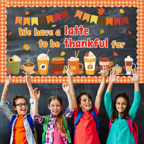 Thanksgiving Latte Bulletin Board Set Fall Coffee Cup Classroom Decoration with Maple Leaves Cutouts