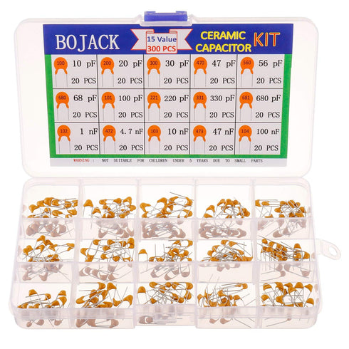 BOJACK 300 Pcs Ceramic Capacitor Assortment Kit - 15 Values Including 10 to 100 nF Multilayer Capacitors