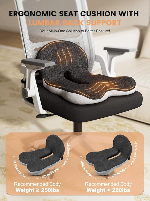 QEGOON Tailbone Office Chair Seat Cushion for Long Sitting Workers - L-Shaped Ergonomic Memory Foam with Support