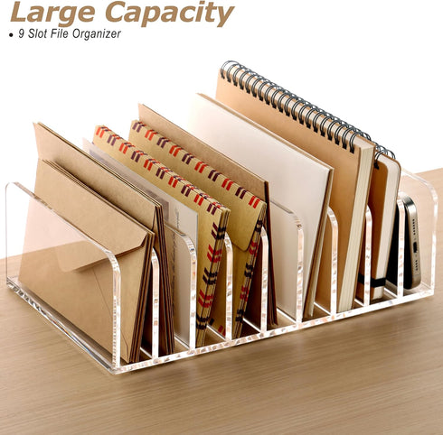 SANRUI Clear Desk Mail Organizer, 9 Compartments Acrylic Document Sorter, Multifunction Letter Folder Racks for Office