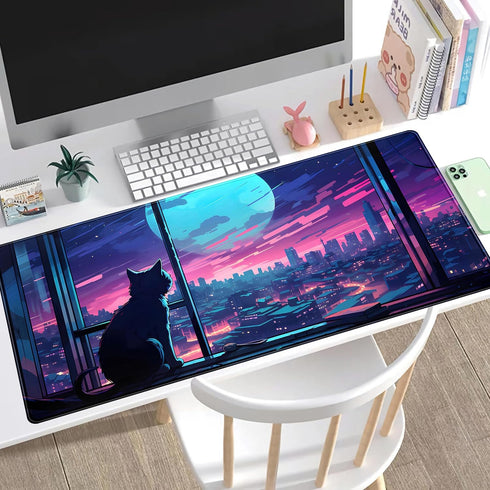 XXL Large Cool Purple Kawaii Anime Moom Cat Desk Mat, Cute City Cats Gaming Mouse Pad 31.5x15.75 in