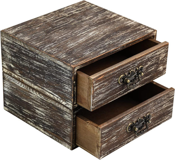 Office Desk Organizer Drawers, Dark Brown Vintage 2pcs/set Small Wood Storage Box for Makeup, Kitchen Countertop