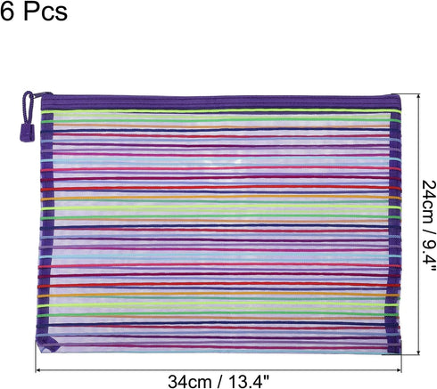 MECCANIXITY A4 Colorful Mesh Zipper Pouches, 6 Pack Pencil Case Document File Bags, Purple