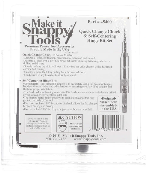 Make it Snappy Tools 45400 - 3-Piece Self Centering Hinge Bits Set with Quick Change Chuck