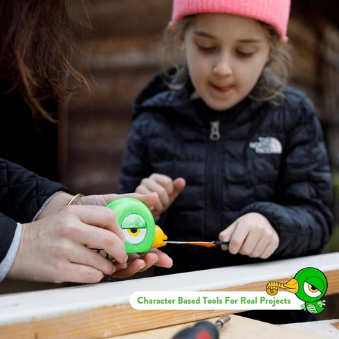 Famm 8ft 3+ Handy Green Bird Tape Measure for Kids STEM Educational Tool with Level, Protractor, Retractable Design