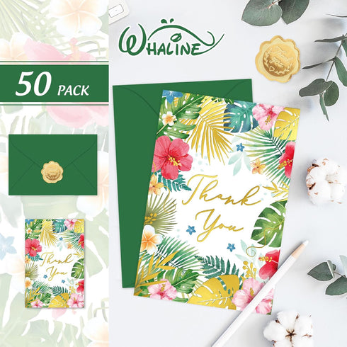 50 Summer 4 6 Inch Whaline Pcs Hawaiian Thank You Cards Tropical Flowers Leaves Greeting Cards with Envelopes Stickers
