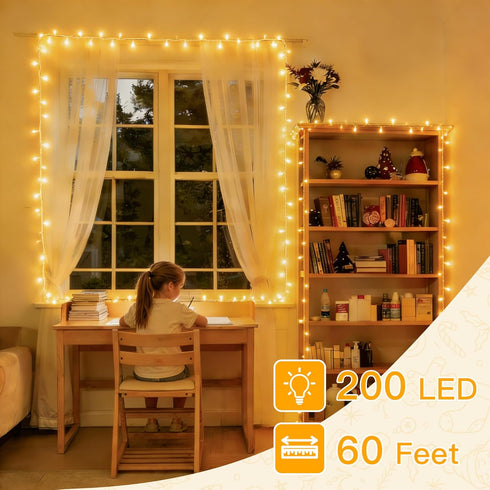 200LED 60FT 8 Ollny Christmas Lights Indoor, Warm White Connectable Plug in String Light Outdoor, Modes Waterproof