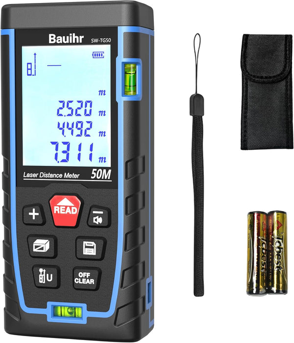 Bauihr Laser Measure, 165ft Distance Meter, Portable Tool, 2 Bubble Levels, Large Backlit LCD Display