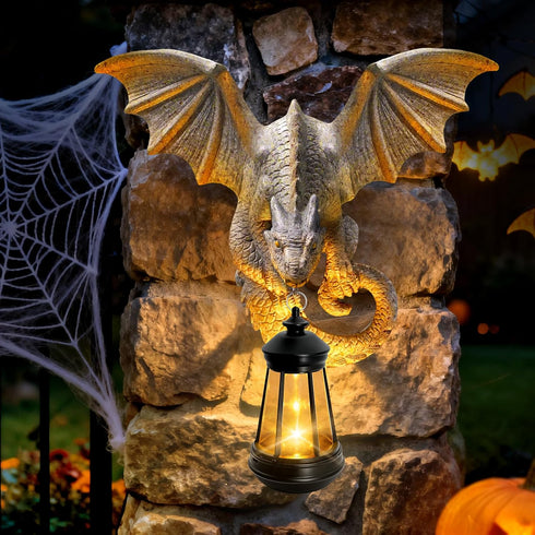 Dragon Tree Hugger Garden Statue - Resin Dragon Figurine Wall Hanger Sculptures Decor with Solar Lantern Lights