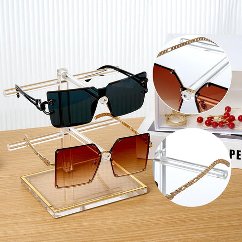 2-Tier 2 Trimmed Counter Acrylic Sunglasses Display Stand, Clear Glasses Stand for Pairs, Luxury Gold Eyeglasses Holder