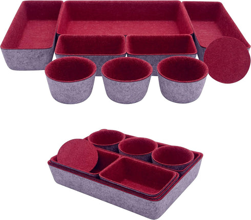 Teeo Drawer Organizers - Office Supply Organizer, Makeup Storage, Pack of 9, Burgundy Compartment Desk Caddy