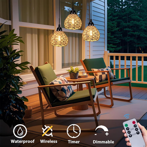 3 Pack Dimmable Outdoor Battery Operated Chandelier, Small Hanging Rattan Pendant Lights with Timer, Warm White