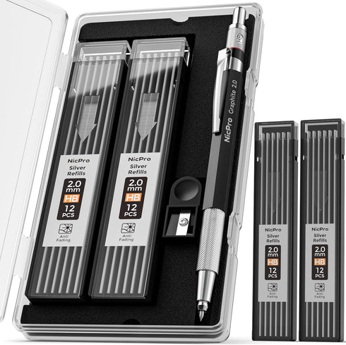 Nicpro 2mm Welder Mechanical Pencil Set with 24PCS Silver Refills, Metal Lead Holder for Welding, Cutting, Woodworking