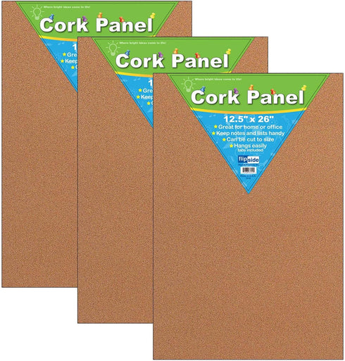 Flipside Products Cork Panel, 12.5" x 26", Pack of 3 for Bulletin Board Use