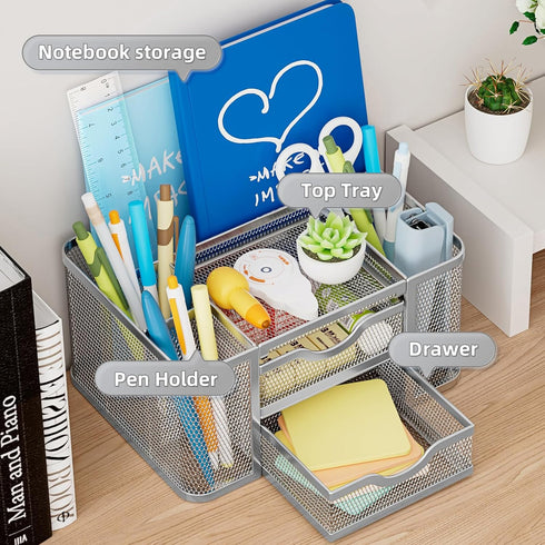 Marbrasse Mesh Desk Organizer, Pen Organizer with 2 Drawers, Multi-Functional Pencil Holder for Office Art Supplies