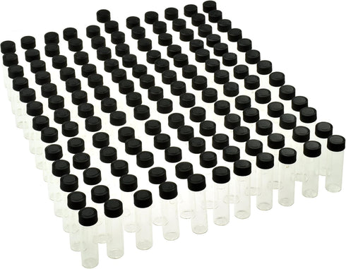 SE Glass Vials, Pack of 144 Leak-Resistant Vials, 2-3/8" x 5/8" Diameter, Clear Glass, Black Plastic Screw Caps, 7 mL