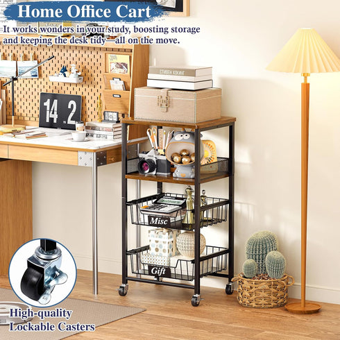4 OKZEST Tier Rolling Cart with Drawer Baskets, Metal Utility Storage Cart with Wheels and Wood Top for Living Room