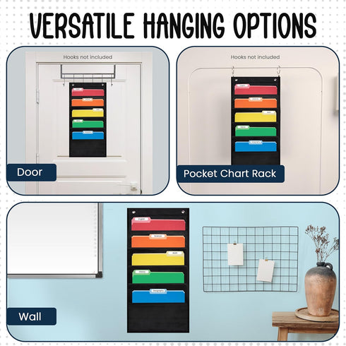 Essex Wares 5 Pocket File Pocket Chart - Black, 14" Wide x 24" Tall Wall Hanging Organizer