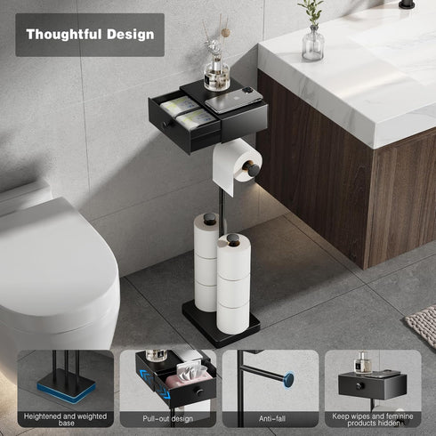 7 VOLDRA Toilet Paper Holder Stand with Shelf, Free Standing Black Toilet Paper Roll Holder with Wipes Storage Drawer