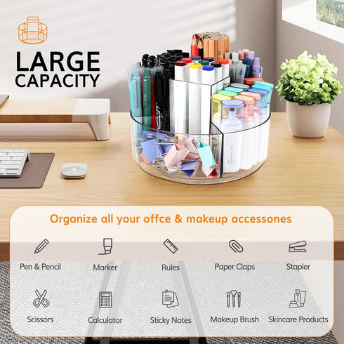 Rotating Pencil Holder for Desk, 5 Slots 360-Degree Spinning Acrylic Organizer for Office, Home, School