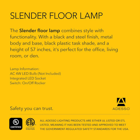 13.5 Adesso LED Desk Lamp with Adjustable Gooseneck Arm Focused Bright Light, Modern Black & Steel Finish, Slim Space