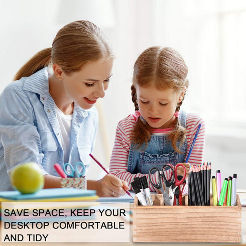 Wooden Pen Pencil Holder for Desk, 4 Compartment Rustic Rectangular Organizer, Multi-Purpose Use for Home School Office