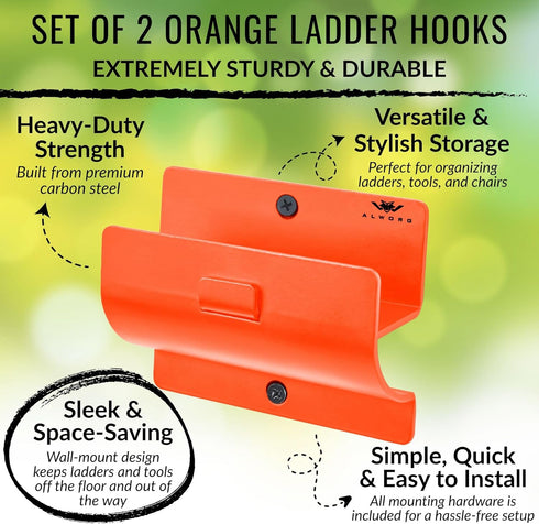 Set 2 Wheelbarrow, Ladder Hangers for Garage Wall of Hooks- Orange Step Stool Hanger Wall Mount. Tool Holder for Shed