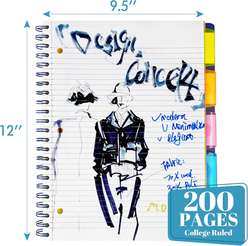 Spiral Notebook - 5 Subject College Ruled Notebook, 3-Hole Punched with Dividers and Storage Pockets, 200 Pages