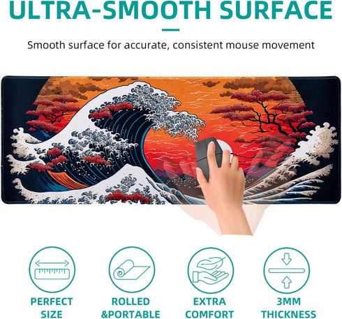 Japanese Sea Waves Large Gaming Mouse Pad, Waterproof Desk Mat, Non-Slip Rubber Base, 31.5x11.8 Inch