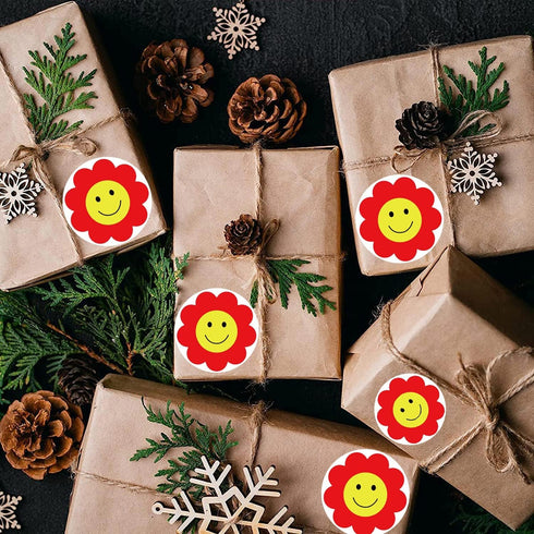 Yellow Face Stickers 2 Inch Red Flower Happy Face Sticker, 500 Round Happy Labels for Teacher Rewards