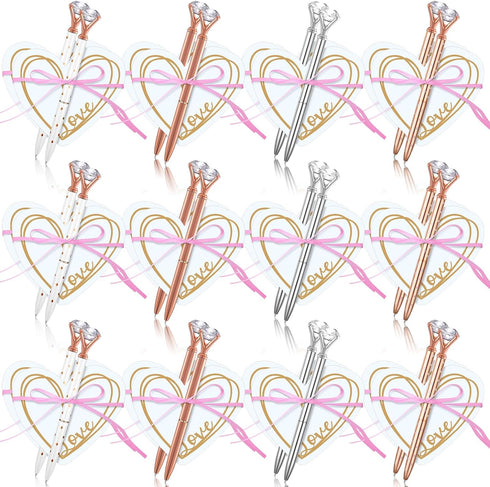 Fuutreo 24 Pack Heart Shape Sticky Notes Set with Big Diamond Pens, Memo Pad for Wedding, Crystal Metal Ballpoint Pens