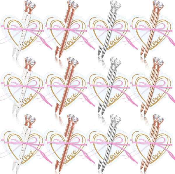 Fuutreo 24 Pack Heart Shape Sticky Notes Set with Big Diamond Pens, Memo Pad for Wedding, Crystal Metal Ballpoint Pens