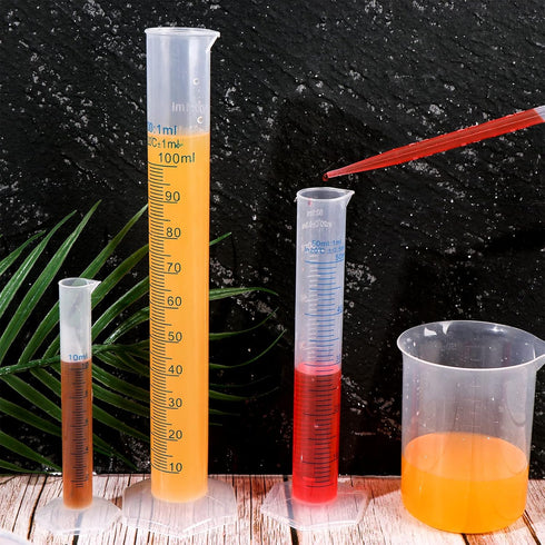 23Pcs Plastic Graduated Cylinders Beakers Set, 6 Clear Cylinders 25/50/100/250/500/1000ml, 4 Beakers 10/25/50/100ml